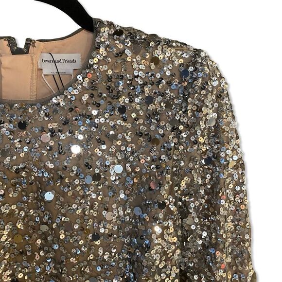 NWT Lovers and Friends CRYSTAL SEQUIN CROPPED TOP silver blouse Revolve S - Picture 8 of 11